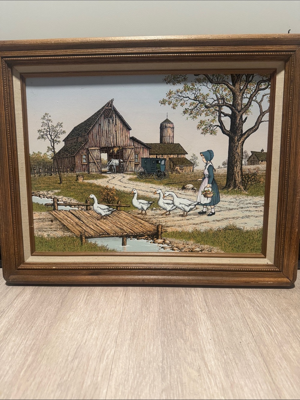 Vintage C Carson print on canvas in wood frame woman with geese 20” x 15.5”